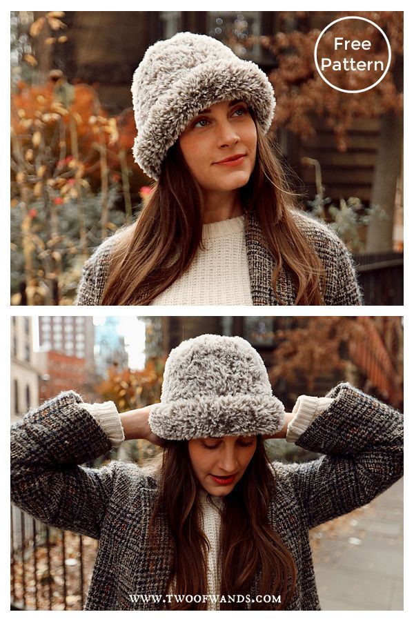 two pictures of a woman wearing a hat and coat with her hands on her head