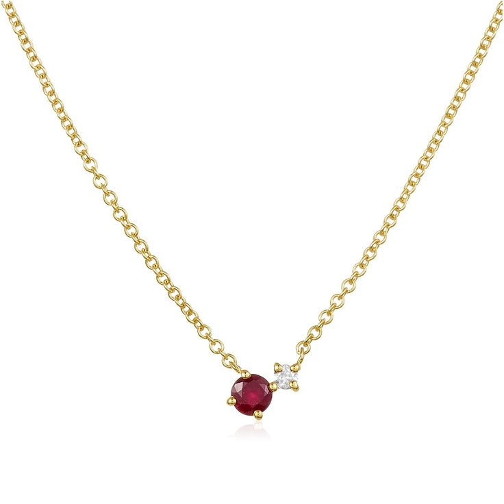 Gemstone and Diamond Duo Necklace - Lindsey Leigh Jewelry Elegant Ruby Briolette Necklace, Formal Birthstone Necklace Fine Jewelry, Diamond Gemstone Round Pendant Necklace, Diamond Necklace With Round Gemstone Pendant, Round Diamond Pendant Necklace With Gemstones, Elegant 14k Gold Birthstone Necklace With Briolette Shape, Elegant Ruby Gemstone Necklace, Dainty Gemstone Necklace For Formal Occasions, Dainty Formal Gemstone Necklace