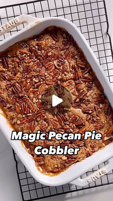 a casserole dish with pecan pie cobbler in it