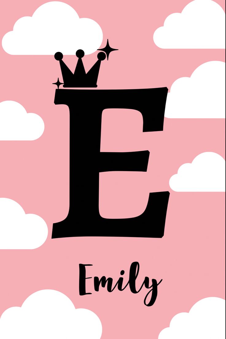 the letter e with a crown on top is shown in black and pink, against a cloudy background