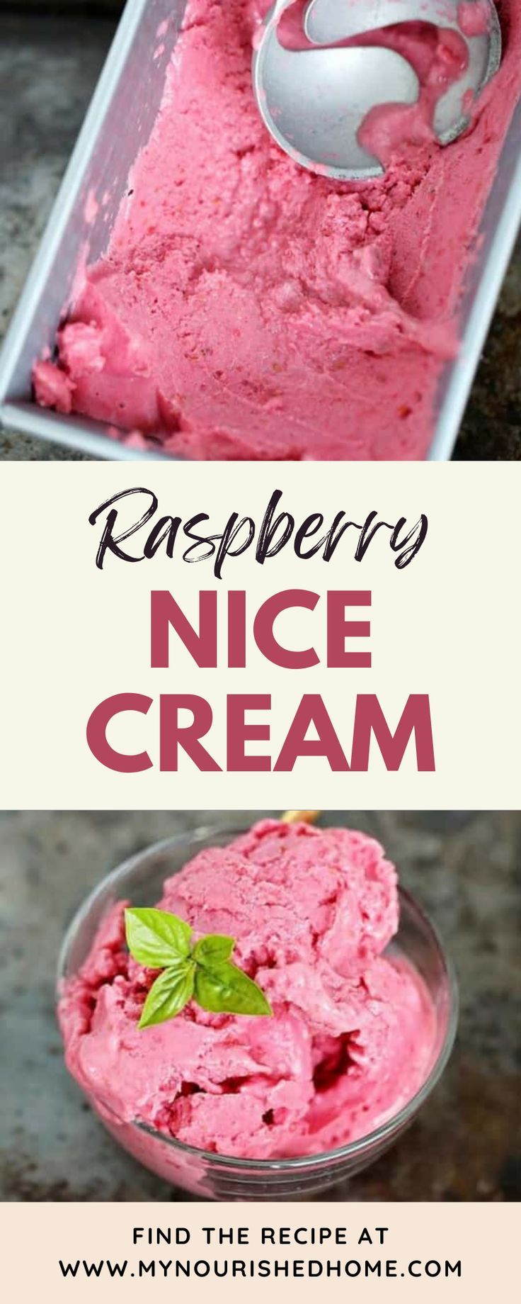 raspberry ice cream in a glass bowl with a spoon next to it and the recipe below