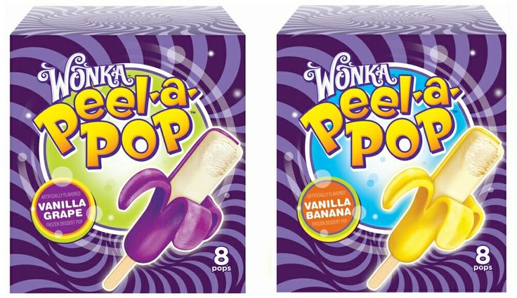 two boxes of wonka's peela pop are shown in this image, one is purple and the other is yellow