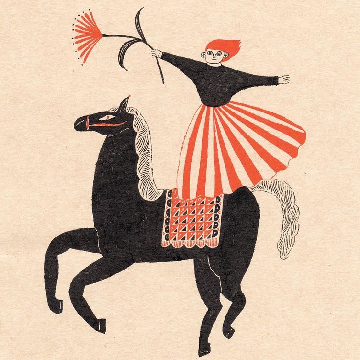 a drawing of a man riding on the back of a horse with a fan in his hand