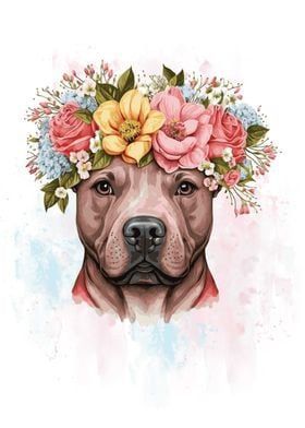 a dog with flowers on its head and the image is painted in watercolors