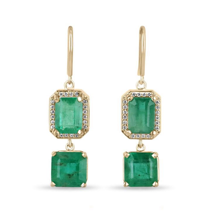 A stunning set of natural emerald and diamond dangle earrings. These spectacular earrings feature over seven carats in emeralds, in both iconic shapes such as the infamous Emerald Cut and Asscher. The gemstones display a remarkable lush green color with superb characteristics that makes these gemstones stand out like no other. Petite round-cut diamonds create the perfect halo surrounding the emerald-cut emeralds and give the piece its extra wow factor. Crafted in durable 14K yellow gold, and make a true statement. Setting Style: Prong/Pave Setting Material: 14K Yellow Gold Setting Weight: 10.6 Grams Main Stone: Emerald Shape: Emerald Cut Weight: 4.10-Carats (Total) Clarity: Semi-Transparent Color: Green Luster: Very Good Treatments: Natural, Oiling Origin: Zambia Secondary Stone: Emerald S Emerald Yellow Gold Diamond Earrings Fine Jewelry, Emerald Yellow Gold Diamond Earrings, Elegant Emerald Earrings With Gemstone Accents, Classic Emerald Drop Earrings, Classic Emerald Drop Diamond Earrings, Fine Jewelry Emerald Diamond Earrings, Yellow Gold Emerald Diamond Earrings, Yellow Gold Diamond Earrings With Emerald, Elegant Green Diamond Earrings In 14k Gold