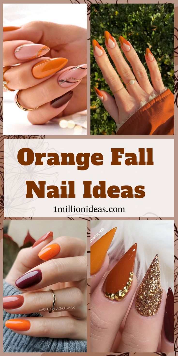 Orange-themed fall nail designs displayed in various shades and styles. Burnt Orange Nails Fall Designs, Burnt Orange And Blue Nails, Orange And Burgundy Nails, Orange Gel Nails Ideas, Burnt Orange And Brown Nails, Orange And Brown Nails Fall, Matte Burnt Orange Nails, Burnt Orange Ombre Nails, Burnt Orange And Gold Nails