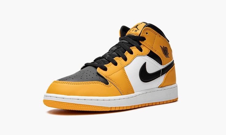 The Air Jordan 1 Mid GS “Taxi” is the youth sizing of the lifestyle sneaker with an attention-seeking combination of black, white, and yellow leather panels on its design.  Specifically, the “Taxi” Jordan 1 Mid GS features black leather on its perforated toe, yellow leather on its overlays, and white leather on its mid-panel.  A black leather Swoosh appears on both sides of the shoe and a black “Wings” logo is found on the collar.  Underfoot, a white midsole and yellow rubber outsole complete th White Forces, Air Jordan 1 Mid Gs, Nike Air Jordan 1 Mid, Wings Logo, Black Wings, Kids Jordans, Air Jordan 1 Mid, Jordan 1 Mid, Yellow Leather