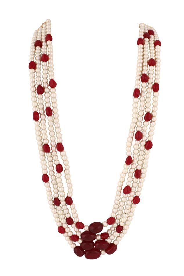 Red and white long necklace with arranged ruby beads and white pearl embellished layered chains.
Type: Beads and Pearls Embellished
Composition: Beads, Pearls
Color: Red,White
Other Details: 
Weight (in gms): 500
Closure: Pull-out drawcord - Aza Fashions Jewellery Long Necklace, Jewellery Beads, Necklaces Long, Jewellery Necklaces, Ruby Beads, Red Beads, Red Necklace, Layered Chains, Necklace Online