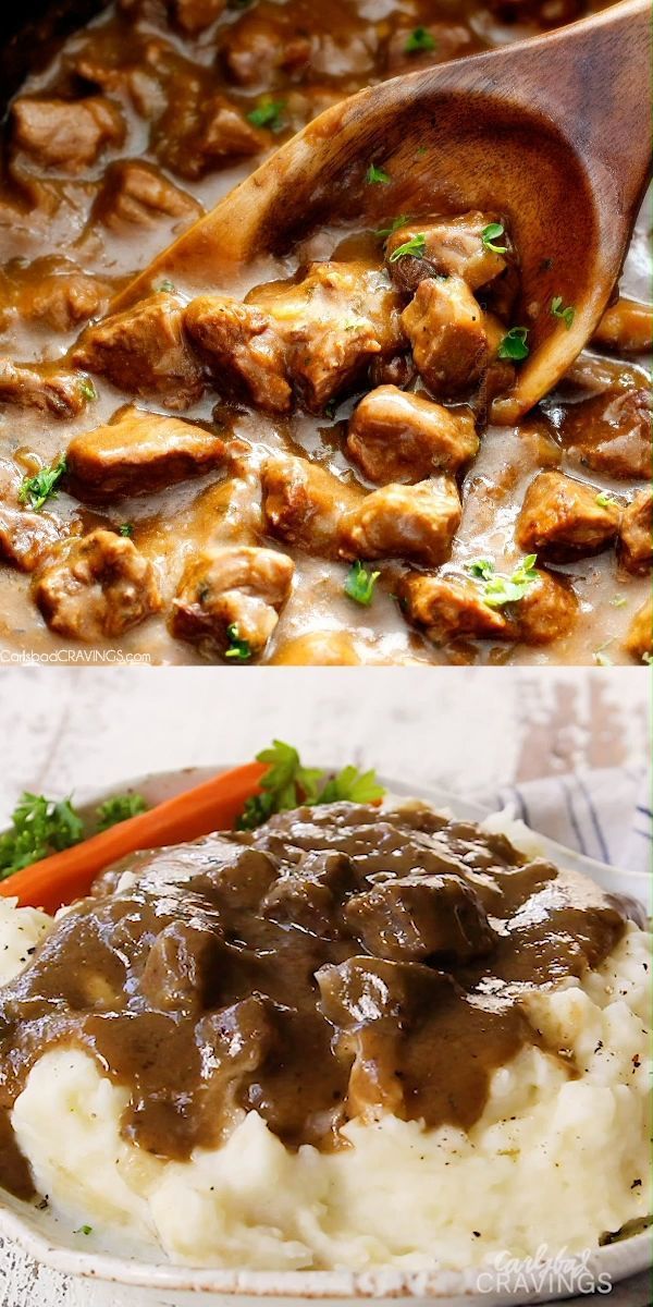 two pictures of meat and gravy on top of mashed potatoes with carrots