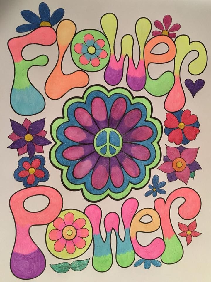 the peace sign is surrounded by colorful flowers and letters that spell out power, love