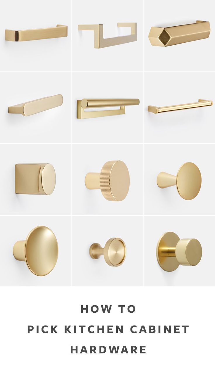 various brass handles and knobs for kitchen cabinets with text overlay that reads how to pick kitchen cabinet hardware