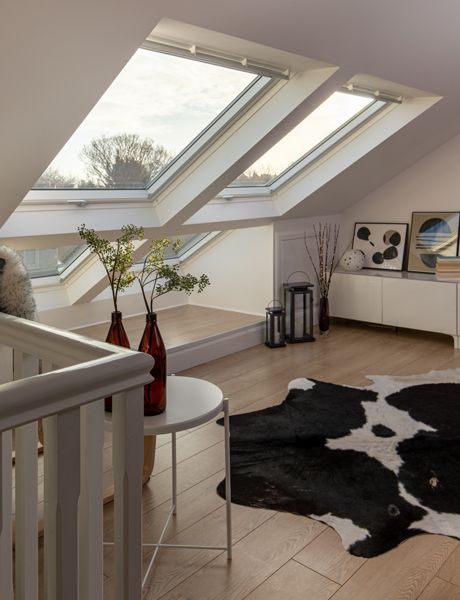 there is a black and white rug on the floor in this room with skylights