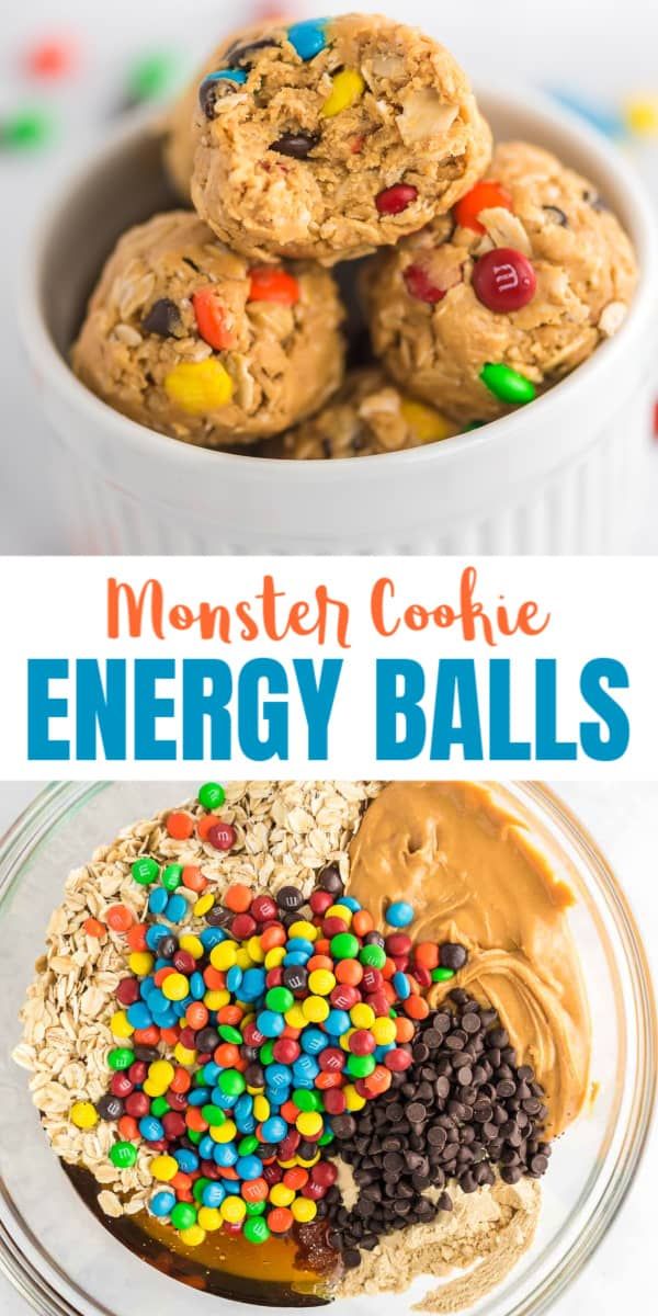 monster cookie energy balls in a bowl with chocolate chips and m & ms on top