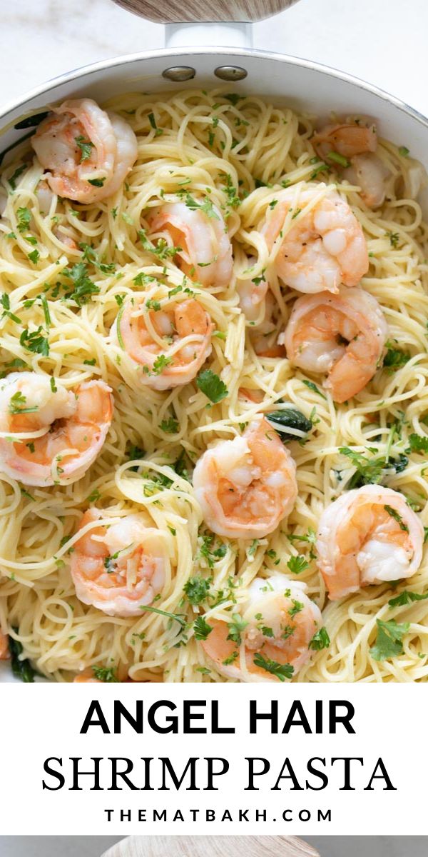 angel hair shrimp pasta in a pan with parsley and parsley on the side