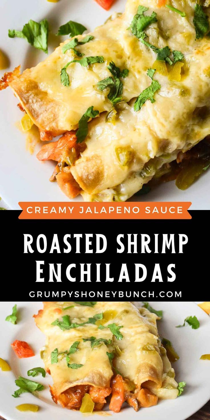 This creamy Shrimp Enchiladas Recipe is topped with a green enchilada sauce made with pickled jalapenos and mild Monterey jack cheese. It is a creamy seafood recipe that shrimp lovers wont be able to get enough of! Jalapeno Cream Sauce, Creamy Shrimp Enchiladas, Shrimp Enchiladas Recipes, Shrimp And Veggies, Creamy Jalapeno Sauce, Chili Enchiladas, Green Chili Enchiladas, Fiesta Recipes, Shrimp Enchiladas