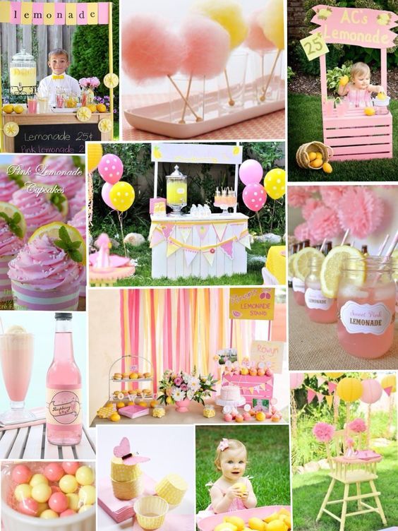 a collage of pink and yellow desserts, lemonade stand, cake pops, baby shower