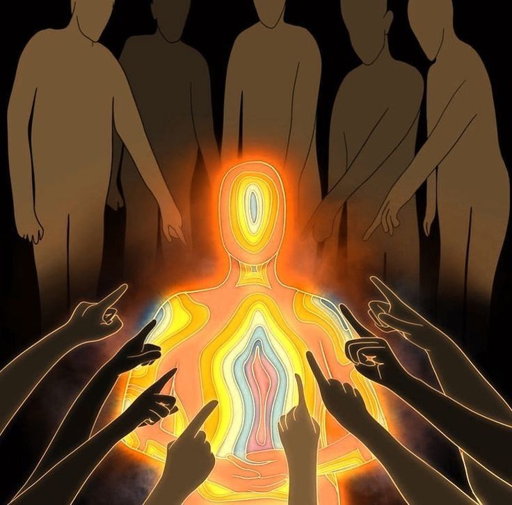 many hands reaching out towards a person in front of a glowing figure with their arms outstretched