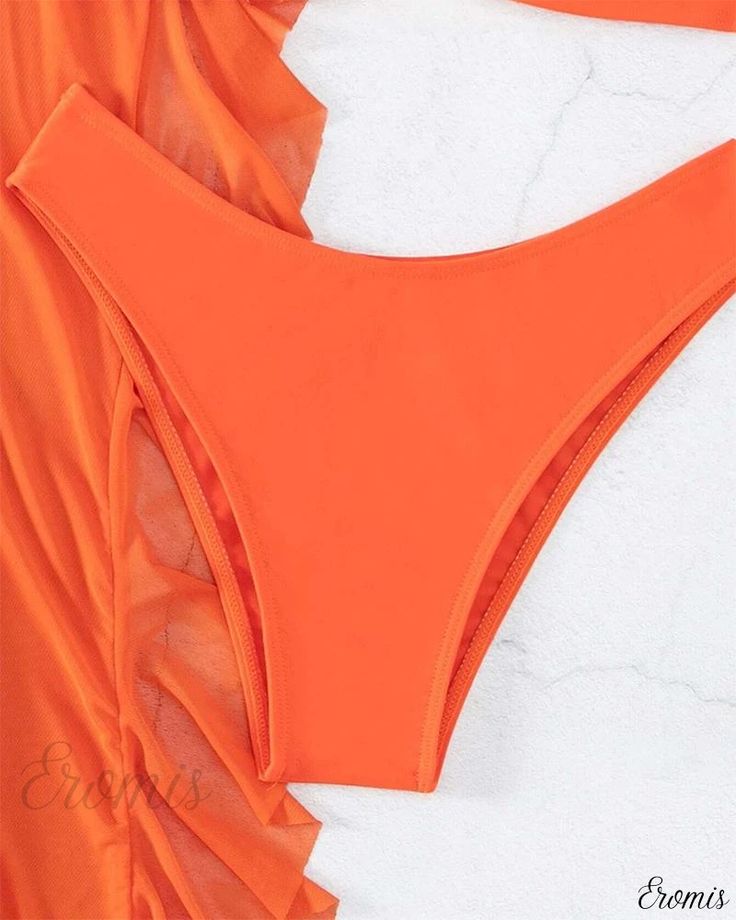 Eromis - Stylish 3-Piece Halter Cross Bikini Set with Ruched Design and Chic Ruffle Hem Cover-Up Pants Beach Party Brief Bottoms For Summer, Brief Bottoms For Summer Beach Party, Summer Solid Bottoms For Beach Party, Solid Color Summer Bottoms For Beach Party, Summer Solid Color Bottoms For Beach Party, Summer Vacation Brief Bottoms, Orange Tie-side Bottoms For Beach, Spring Brief Bottoms For Beach Party, Plain Bottoms For Beach Party