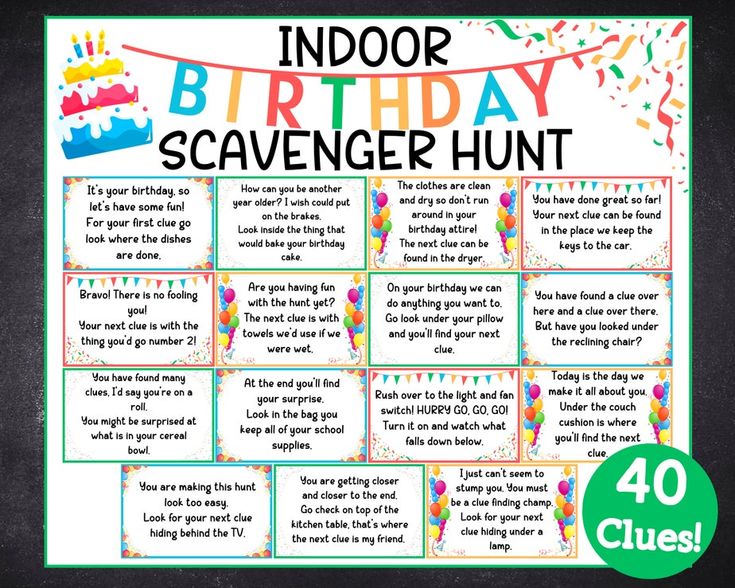 a birthday scavenger hunt with balloons and confetti on the top,