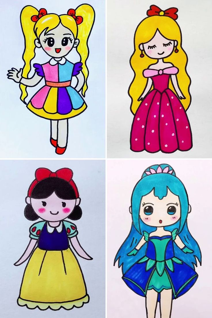 four different princesses drawn in colored pencils