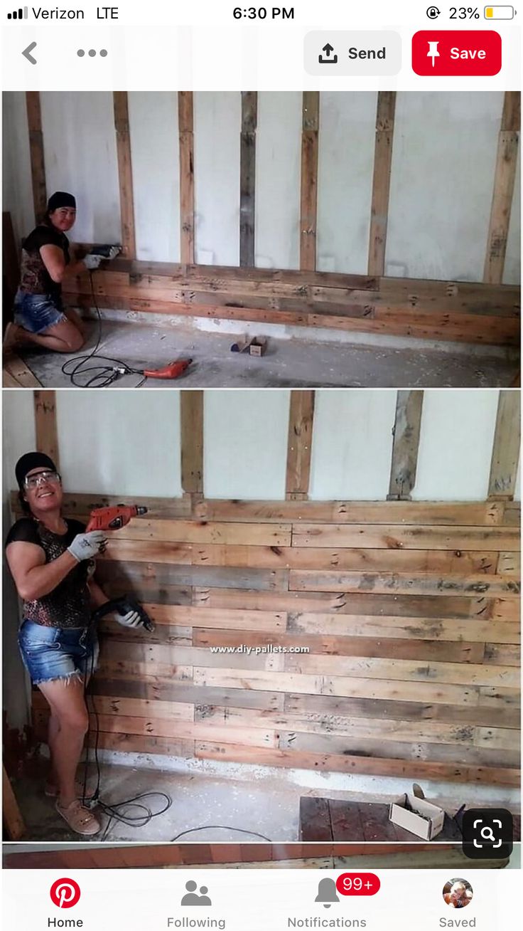 two pictures of a woman working on wood planks with an electric drill and hammer