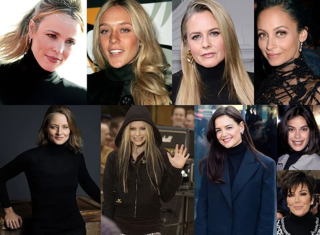 many different pictures of women with long hair and wearing black clothing, one is smiling at the camera