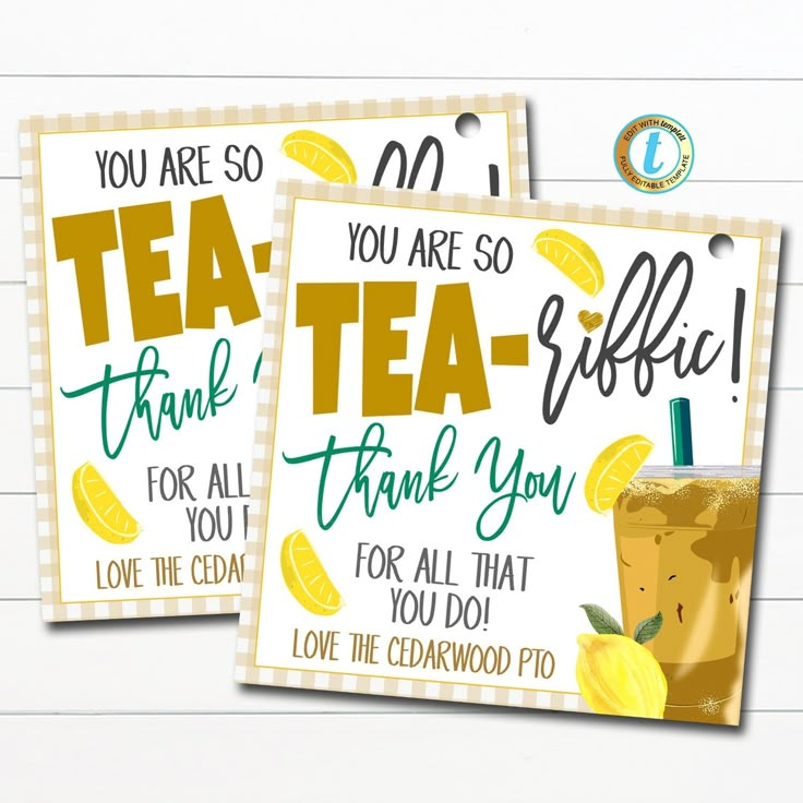 two tea thank cards with lemons on them