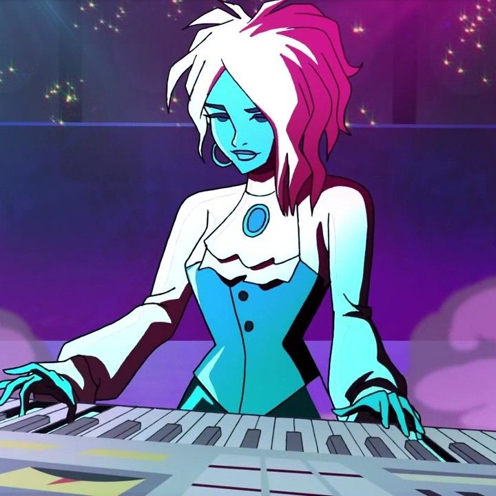 a cartoon character is playing the keyboard in front of a purple and blue background with stars