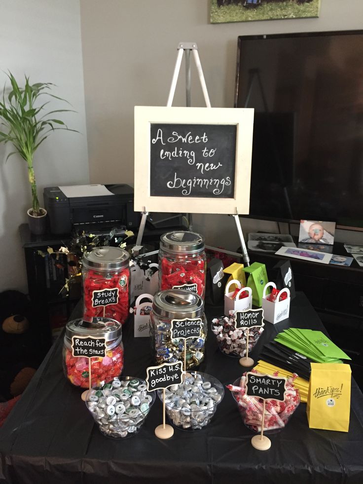 a table topped with candy and candies next to a sign that says, a sweet ending to new beginnings