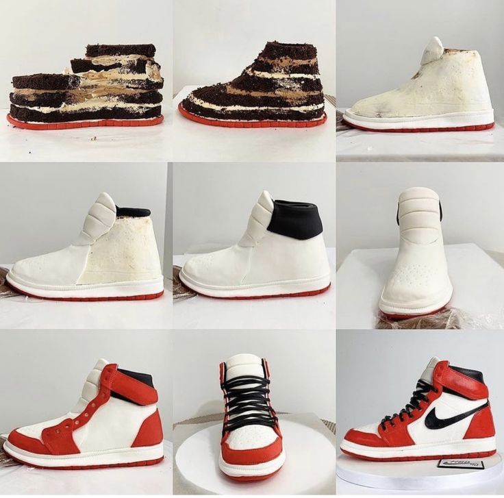 six pictures of different types of shoes with red, white and black accents on them