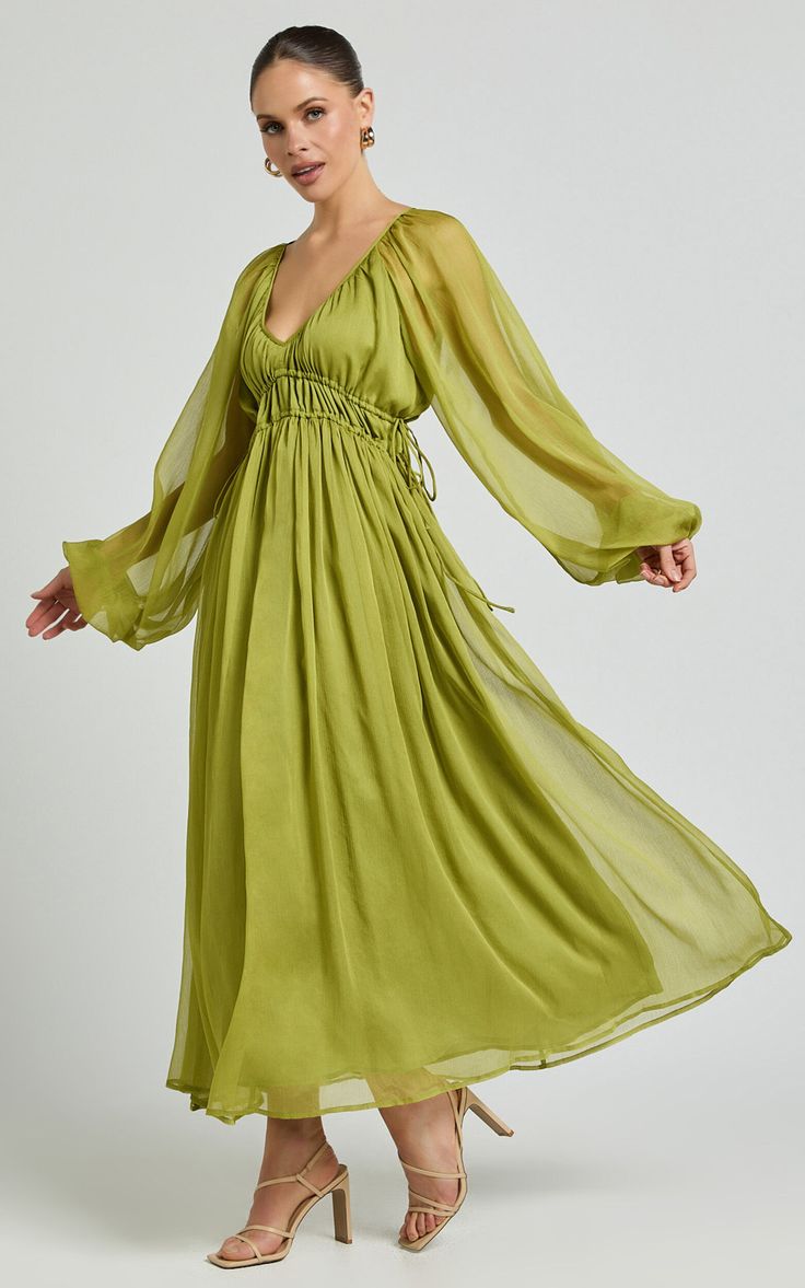 Roxanna Maxi Dress - Long Sleeve Ruched Waist Dress in Green | Showpo USA Green Ruched Midi Dress For Fall, Chic Long Sleeve Midi Dress With Ruched Bodice, Spring Green Ruched Midi Dress, Spring Green Dress With Elastic Sleeves, Green Spring Dress With Elastic Sleeves, Flowy Long Sleeve Ruched Dress, Green Long Sleeve Dress With Gathered Sleeves, Fitted Green Midi Dress With Elastic Sleeves, Green Fitted Midi Dress With Elastic Sleeves