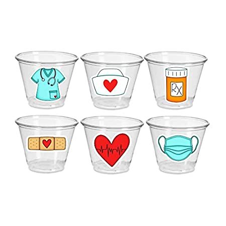 six plastic cups with different medical symbols on them