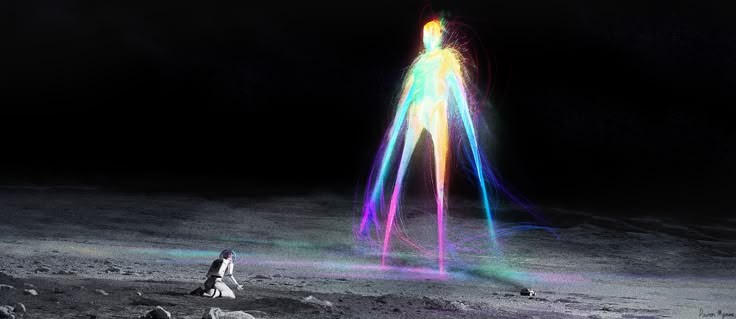 an astronaut walking on the moon with colored light streaks coming out of his body in the background