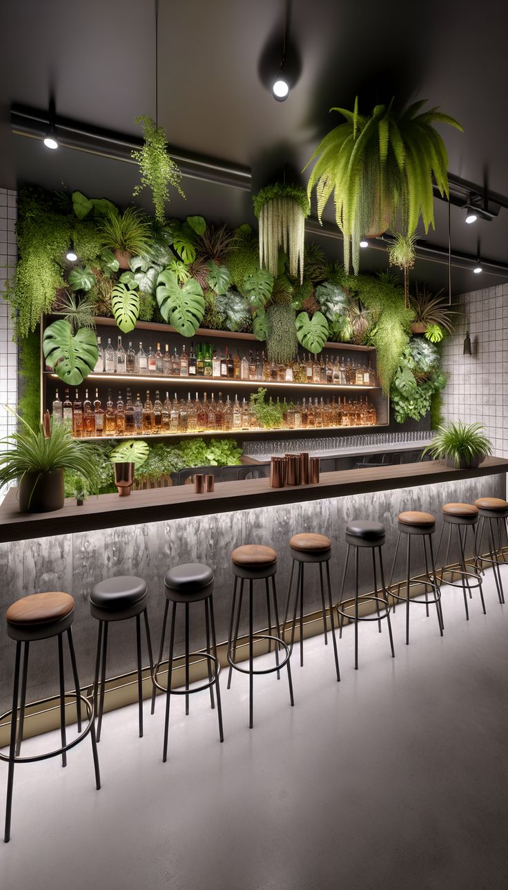 a bar with lots of plants on the wall and stools in front of it