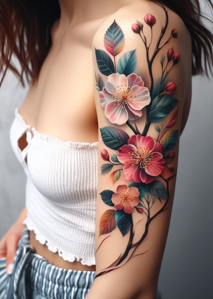 a woman's arm with flowers and leaves painted on the upper half of her arm