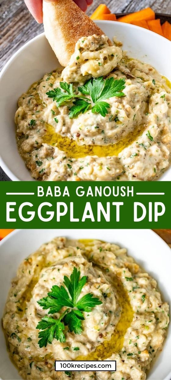 an eggplant dip in a white bowl with parsley on top