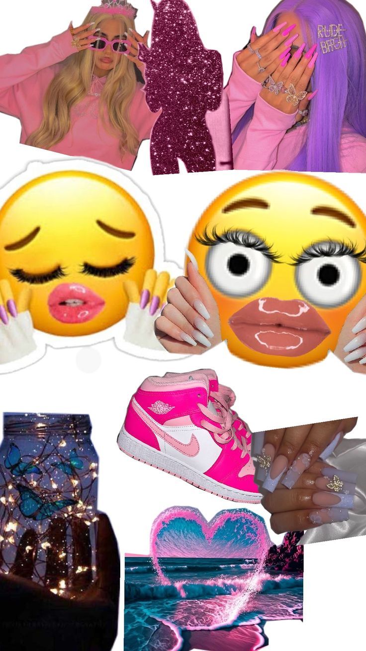 the collage shows two girls with their faces covered in emo eyes and pink shoes