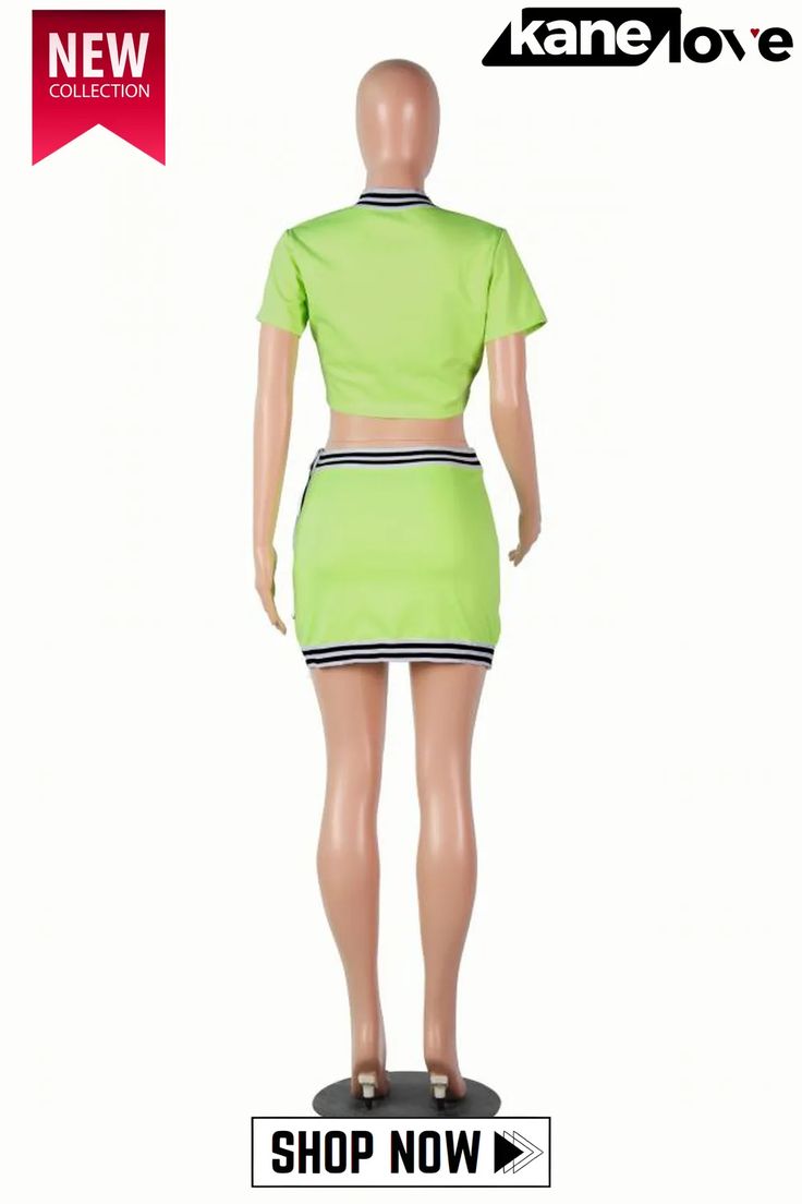 Fluorescent Green Polyester Sexy Solid A-line Skirt Short Sleeve Two-piece Dress Patchwork Mini Skirt, Skirt Two Piece, Skirt Short, Two Piece Dress, Two Piece Sets, Piece Dress, A Line Skirt, A Line Skirts, Skirt Set