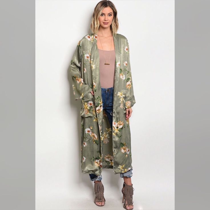 Long Sleeve Satin Light Weight, Long Line Floral Print Kimono. Fabric Content: 100% Polyester Model Is Wearing A Small And Here Are The Measurements Description: L: 47" B: 40" W: 42" The Belt On The Last Picture Below Don’t Come With The Item. Spring Floral Print Outerwear For Loungewear, Green Open Front Outerwear For Spring, Casual Fall Kimono For Brunch, Long Beige Spring Kimono, Beige Outerwear For Spring Loungewear, Casual Beige Kimono For Fall, Floral Print Kimono, Kimono Duster, Kimono Fabric