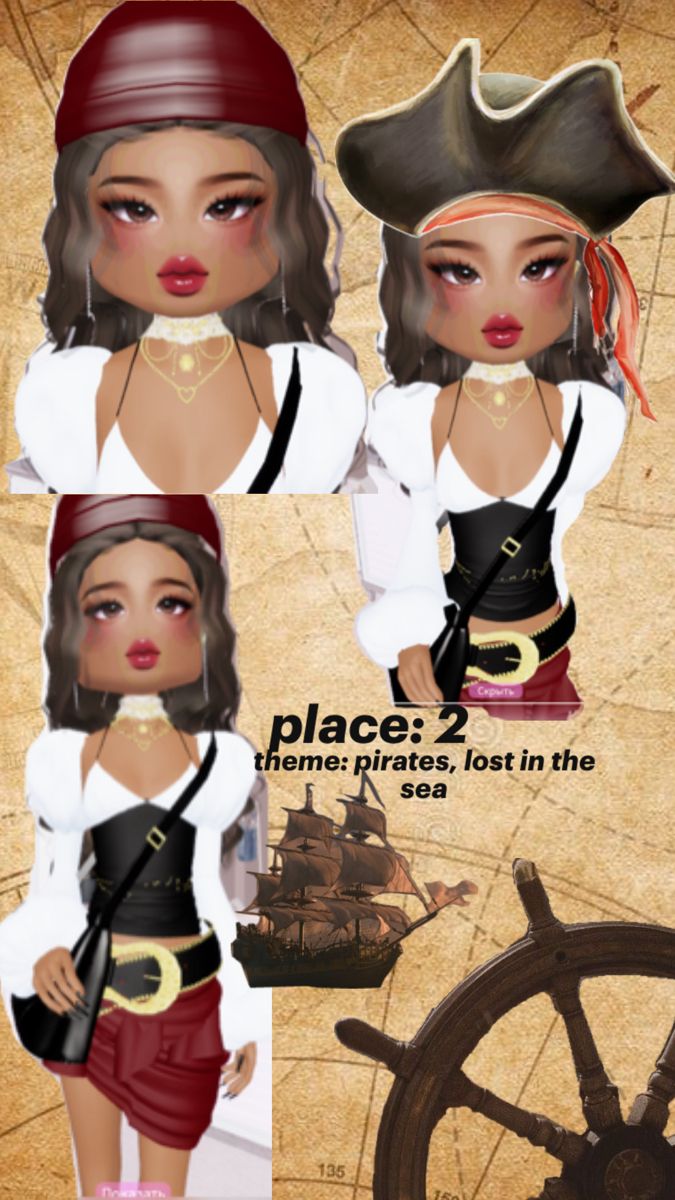 three different pictures of a woman in pirate clothing and a hat with the caption place 2 there's pirates, lost in the sea