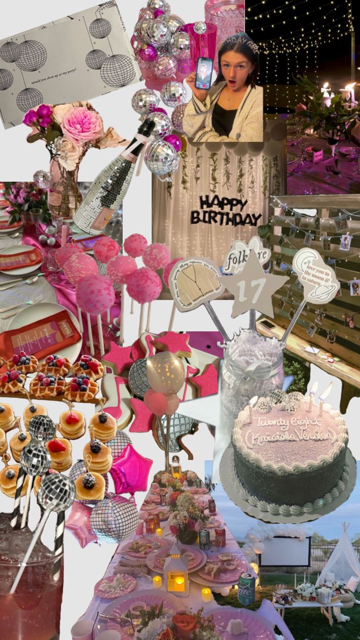 a collage of pink and silver items including cake, balloons, candles, flowers