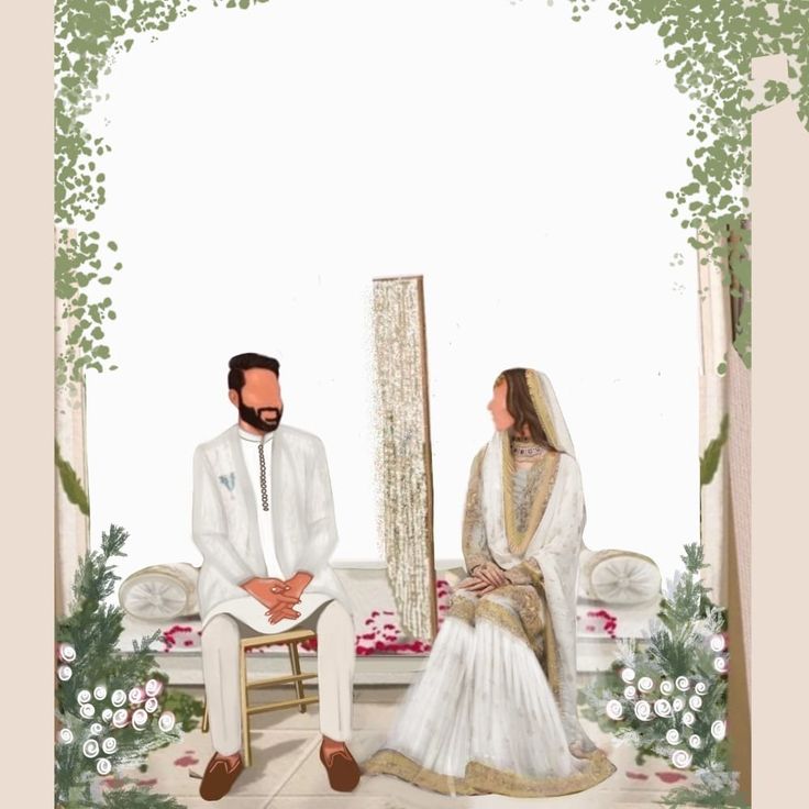 a man and woman sitting next to each other in front of a white couch with flowers on it