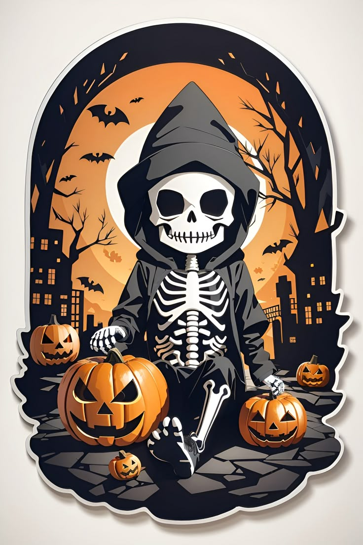 a skeleton sitting on the ground with pumpkins