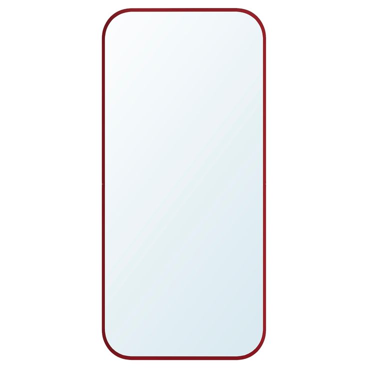 a rectangular mirror with red trim on the edges and bottom edge, in front of a white background