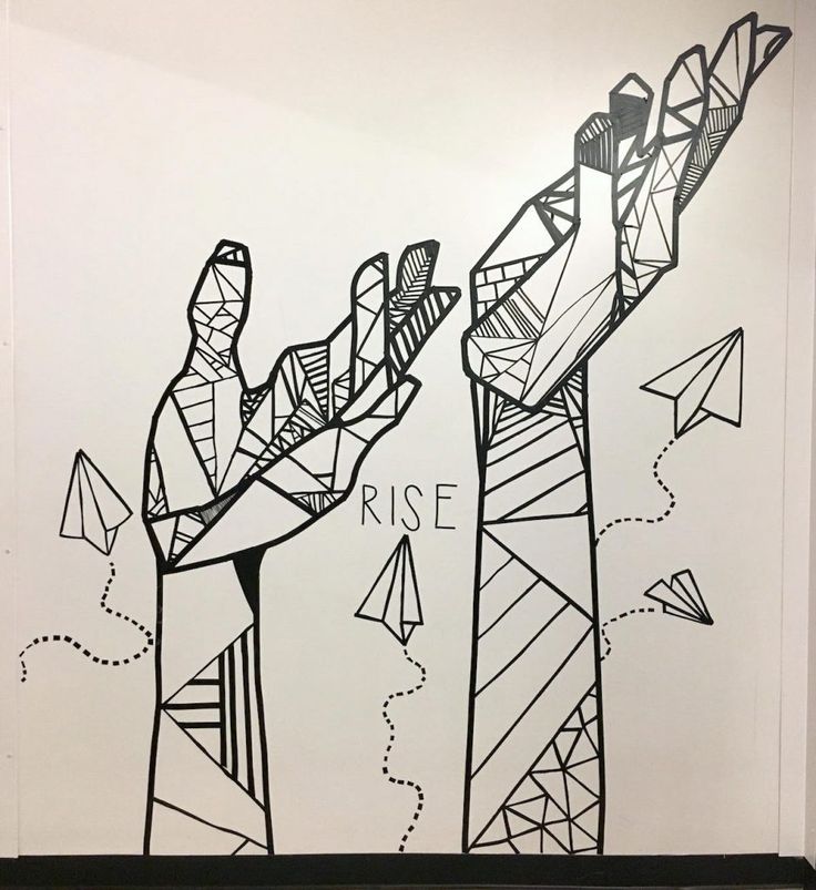 a drawing of two people reaching up to the sky with paper airplanes in their hands