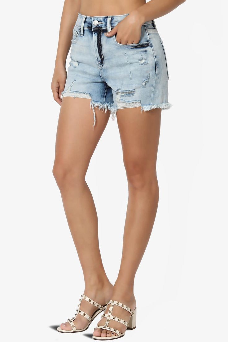 Effortless style is imbued into these denim shorts through considered distressed detailing. The high-waisted pair features large rips at the front and is finished with a raw hem that completes its irreverent design. Women's Stretchy Denim Shorts goes well with summer casual blouse, t-shirts for home, summer holidays, casual, daily life, shopping, going out, party, street look.Washed light blue denim shortsBelt loops, Five pockets, Ripped and distressed detailsUnfinished hem, Faded finish, Design Light Wash Distressed Cutoff Shorts, Distressed Light Wash Cutoff Shorts, Trendy Distressed Shorts, Trendy High-waisted Distressed Jean Shorts, Trendy Distressed High-waisted Jean Shorts, Trendy High-rise Ripped Shorts, Ripped High-waisted Medium Wash Shorts, Light Wash High-waisted Distressed Jean Shorts, Trendy High Rise Distressed Jean Shorts