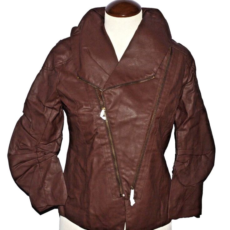 Romeo & Juliet Couture Jacket Brown Faux Leather Polyurethane Upper Soft Lining Functioning Double Zipper-Straight Middle Zipper Or Fold Over High Neck Measures 19" Across The Chest 19" Hips 22" Length 3/4 Ruched Sleeves Looks And Feels Like Real Leather New With Tags Size Medium Fitted Fall Outerwear With Side Zipper, Fitted Outerwear With Side Zipper For Fall, Brown Asymmetrical Zip Outerwear With Zipper Closure, Brown Outerwear With Asymmetrical Zipper Closure, Brown Asymmetrical Zip Outerwear For Spring, Brown Outerwear With Asymmetrical Zip For Fall, Fitted Brown Outerwear With Asymmetrical Zip, Brown Fitted Outerwear With Asymmetrical Zip, Brown Asymmetrical Zip Biker Jacket For Fall