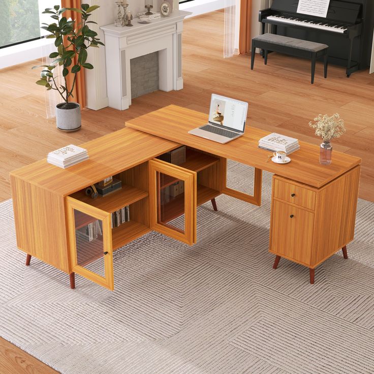 a living room with a piano and desk in it