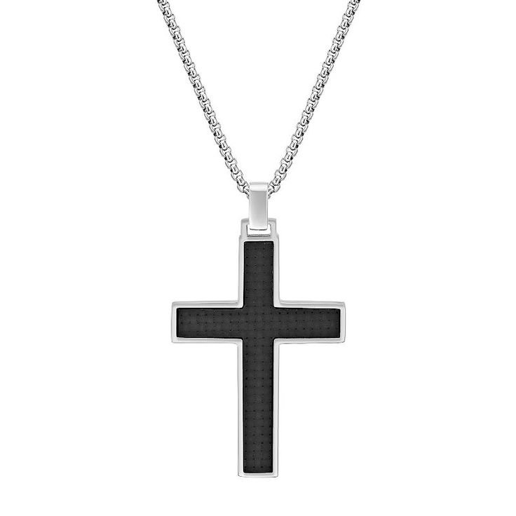 "Showcase the strength of your faith with this black ion-plated stainless steel cross pendant necklace. Showcase the strength of your faith with this black ion-plated stainless steel cross pendant necklace. Pendant size: 2.05""L x 1.15""W Chain length: 24 in. Chain type: box Metal: stainless steel Finish: polished Additional details: carbon inlay, reversible Packaging: boxed Please note, due to the high value of this item, a signature may be required upon delivery. Size: 24"". Color: White. Gend Gunmetal Stainless Steel Cross Necklace, Black Stainless Steel Cross Pendant Necklace, Gunmetal Cross Necklace In Stainless Steel, Black Stainless Steel Necklace With Cross Pendant, Black Stainless Steel Cross Pendant Jewelry, Black Stainless Steel Crucifix Necklace, Black Stainless Steel Necklace, Stainless Steel Cross Pendant, Steel Cross