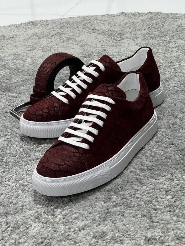 Louis Special Edition Rubber Sole Suede Print Leather Burgundy Sneakers | BOJONI Burgundy Sneakers, Care Care, Summer 22, Burgundy Lace, Loafer Sneakers, Brown Sneakers, Monk Strap, Printed Leather, Lace Boots